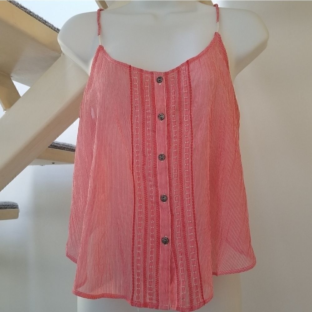 Aerie Red & White Striped Button Up Sheer Cami Sz M